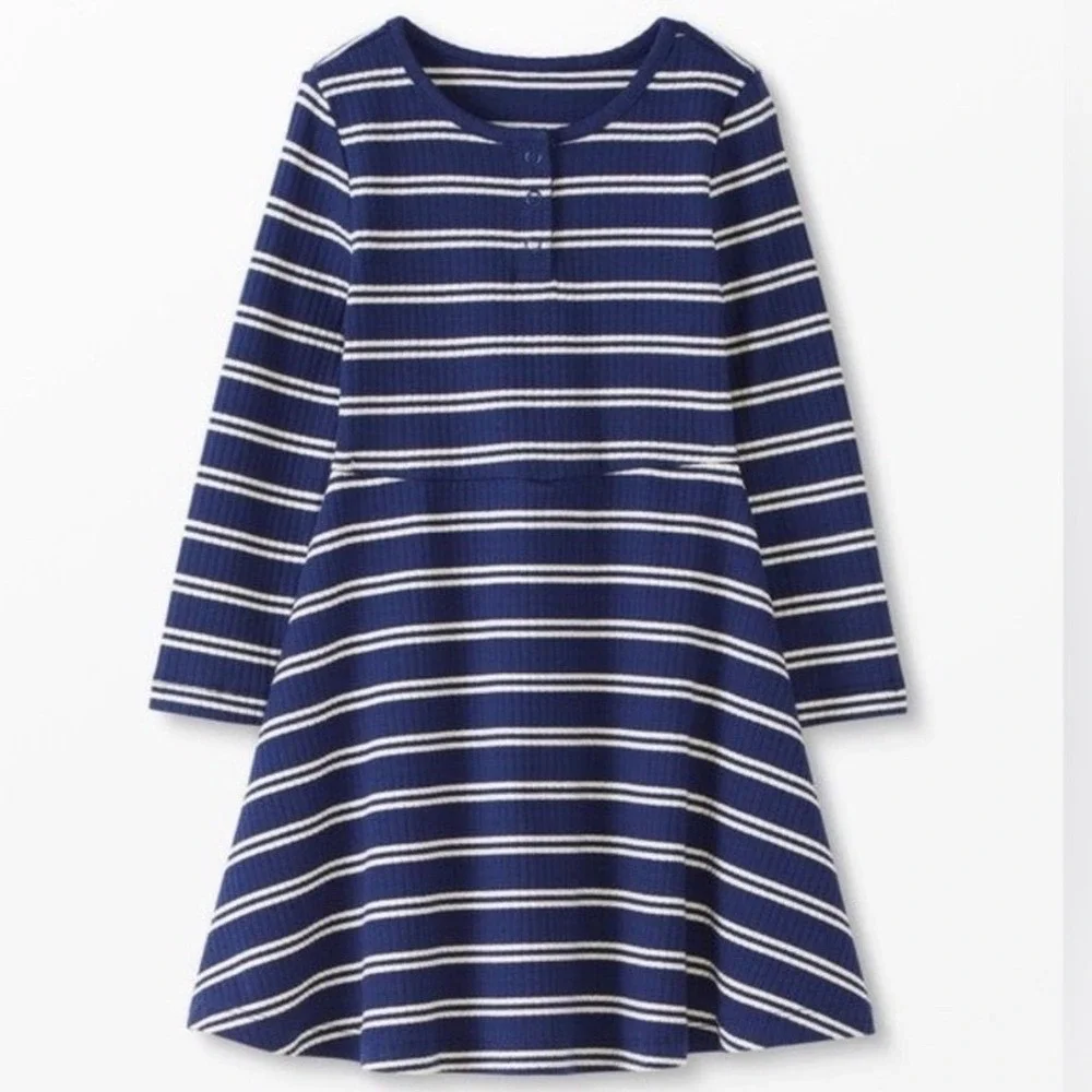Hanna Andersson Girls Blue White Stripe Knit Ribbed Henley Dress Size 130 US 8